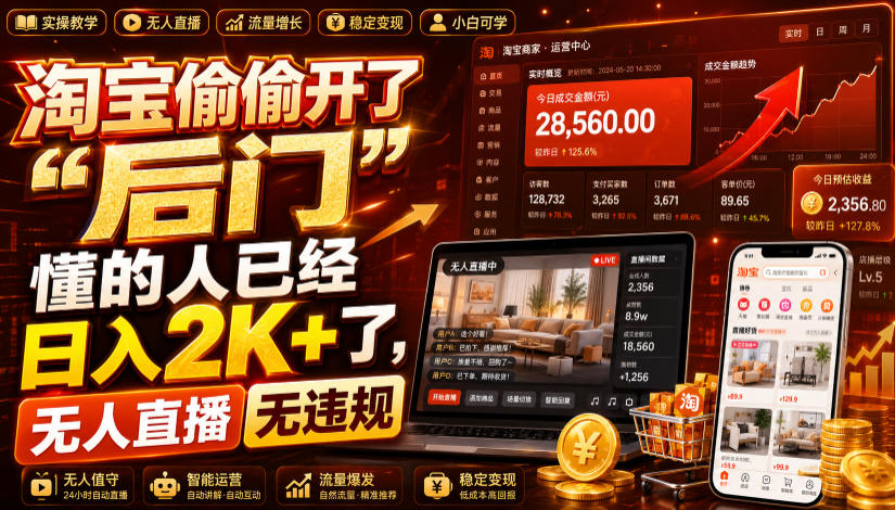 淘宝偷偷开了“后门”,懂的人已经日入2K+了,无人直播无违规,一台电脑=一家24小时营业的线上门店【揭秘】-旺仔资源库