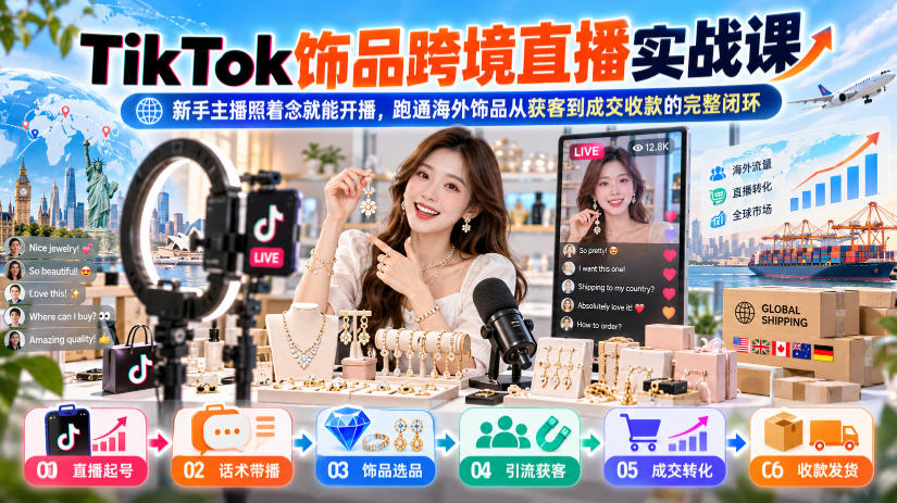 TikTok饰品跨境直播实战课,新手主播照着念就能开播,跑通海外饰品从获客到成交收款的完整闭环-旺仔资源库