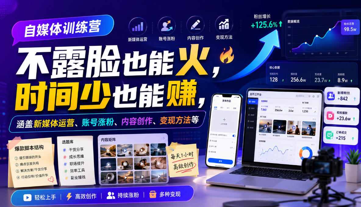 自媒体训练营，不露脸也能火，时间少也能賺，涵盖新媒体运营、账号涨粉、内容创作、变现方法等-旺仔资源库