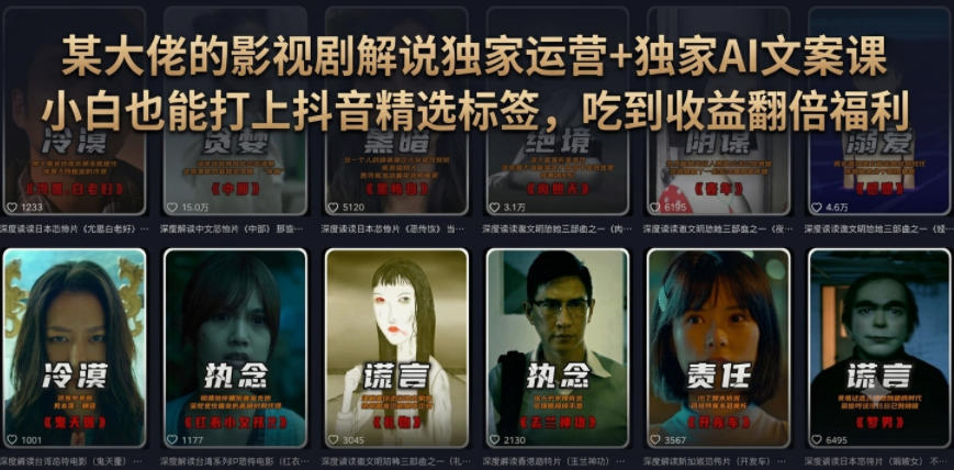 某大佬的影视剧解说独家运营+独家AI文案课，小白0粉丝也能快速打上抖音精选标签、吃到收益翻倍福利-旺仔资源库