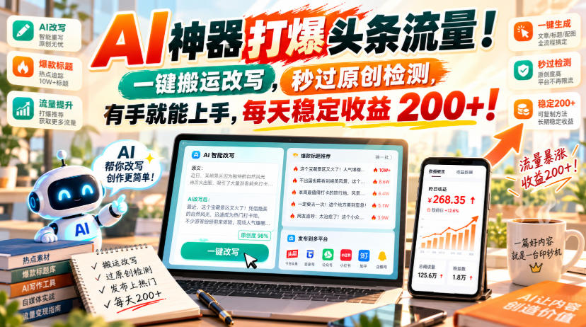 AI神器打爆头条流量,一键搬运改写,秒过原创检测,有手就能上手,每天稳定收益200+!【揭秘】-旺仔资源库