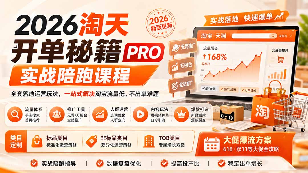 2026淘天开单秘籍PRO实战陪跑课程:全套落地运营玩法,一站式解决淘宝流量低、不出单难题(更新260906-旺仔资源库