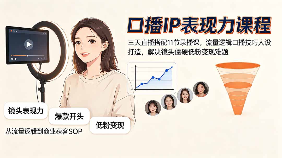 口播IP表现力课程｜三天直播搭配11节录播课，流量逻辑口播技巧人设打造，解决镜头僵硬低粉变现难题-旺仔资源库