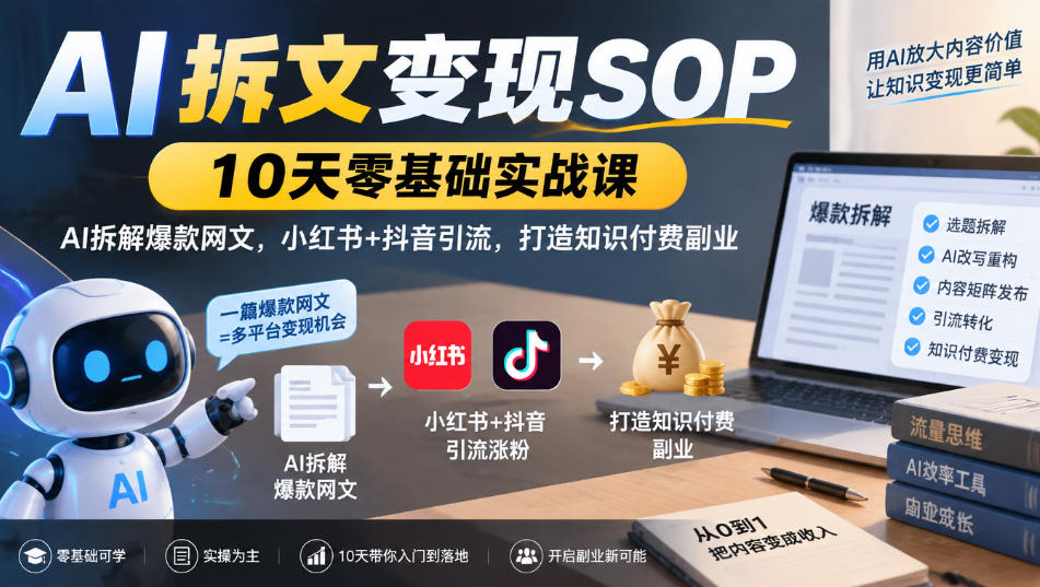 AI拆文变现SOP|10天零基础实战课,AI拆解爆款网文,小红书+抖音引流,打造知识付费副业-旺仔资源库