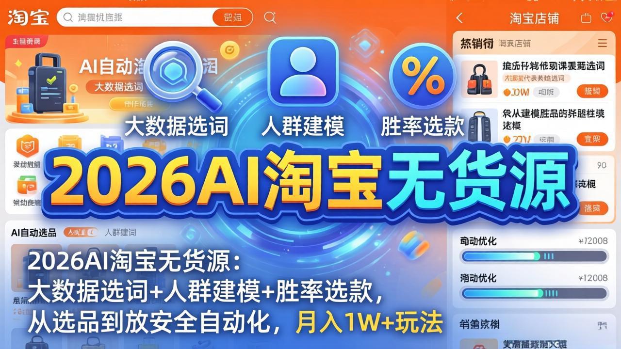 2026AI淘宝无货源-4月更新：大数据选词+人群建模+胜率选款，从选品到放大全自动化，月入1W+玩法-旺仔资源库