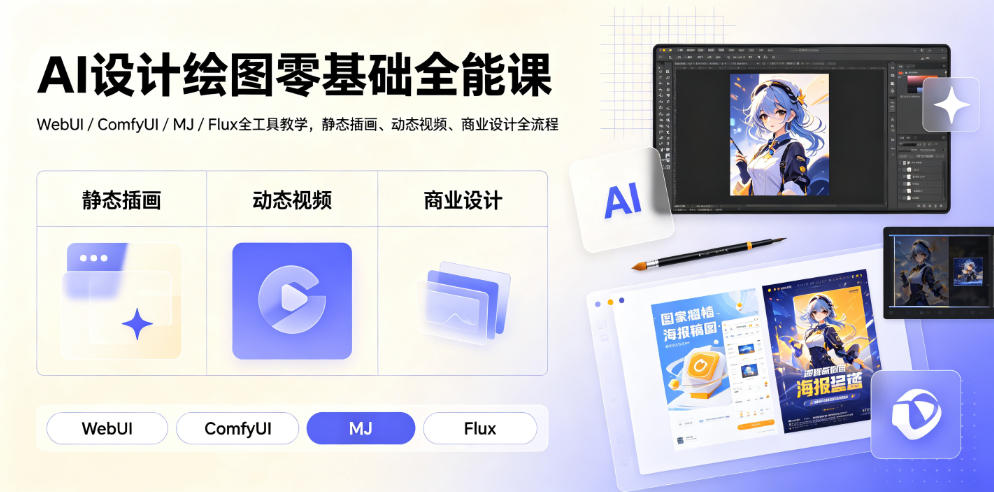 AI设计绘图零基础全能课｜WebUI/ComfyUI/MJ/Flux全工具教学，静态插画、动态视频、商业设计全流程-旺仔资源库