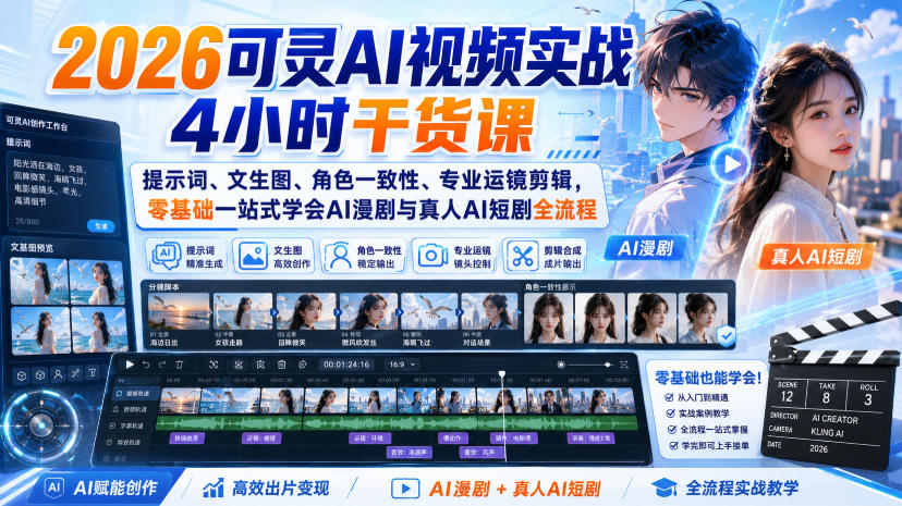 2026可灵AI视频实战4小时干货课｜提示词、文生图、角色一致性、专业运镜剪辑，零基础一站式学会AI漫剧与真人AI短剧全流程-旺仔资源库