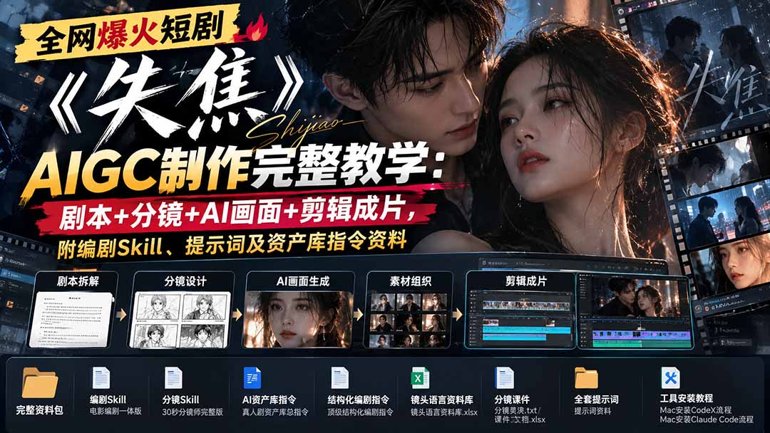 全网爆火短剧《失焦》AIGC制作完整教学：剧本+分镜+AI画面+剪辑成片，附编剧Skill、提示词及资产库指令资料-旺仔资源库