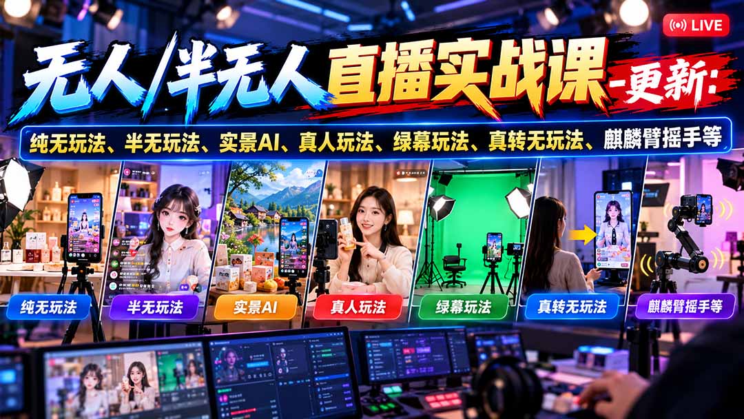 无人/半无人直播实战课-10月20更新：纯无玩法、半无玩法、实景AI、真人玩法、绿幕玩法、真转无玩法、麒麟臂摇手等-旺仔资源库