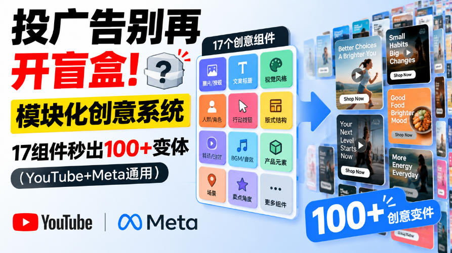 投广告别再开盲盒!模块化创意系统,17组件秒出100+变体(YouTube+Meta通用)【原创双语字幕】-旺仔资源库