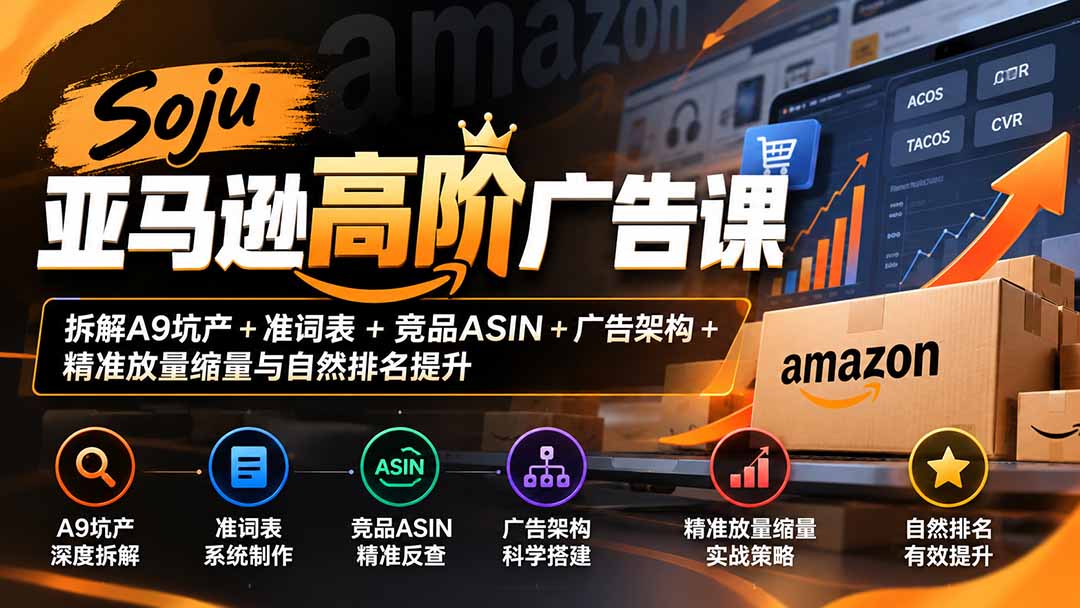 Soju亚马逊高阶广告课:拆解A9坑产+准词表+竞品ASIN+广告架构+精准放量缩量与自然排名提升-旺仔资源库