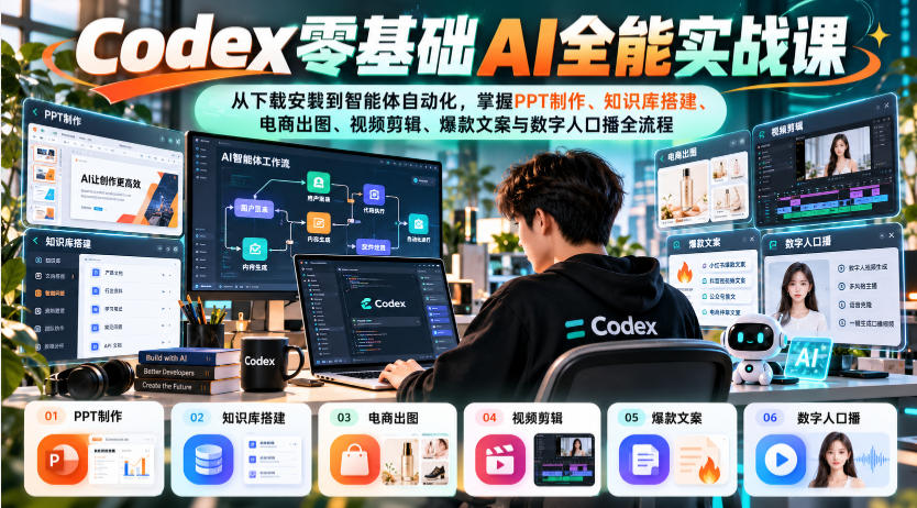Codex零基础AI全能实战课:从下载安装到智能体自动化,掌握知识库搭建、电商出图、视频剪辑、爆款文案与数字人口播全流程-旺仔资源库
