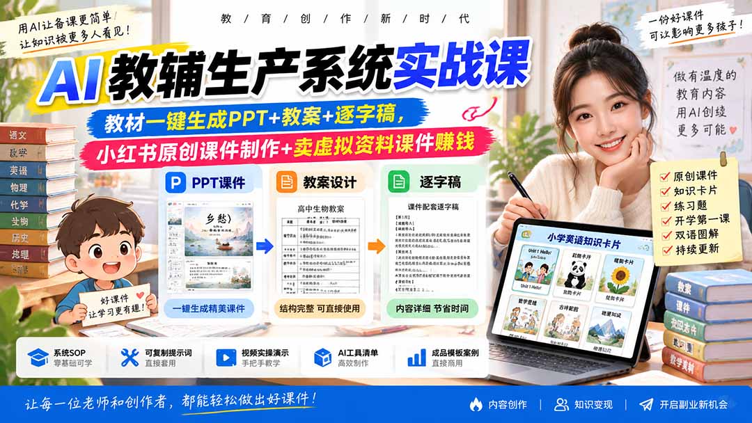 AI教辅生产系统实战课｜教材一键生成PPT+教案+逐字稿，小红书原创课件制作+卖虚拟资料课件赚钱-旺仔资源库