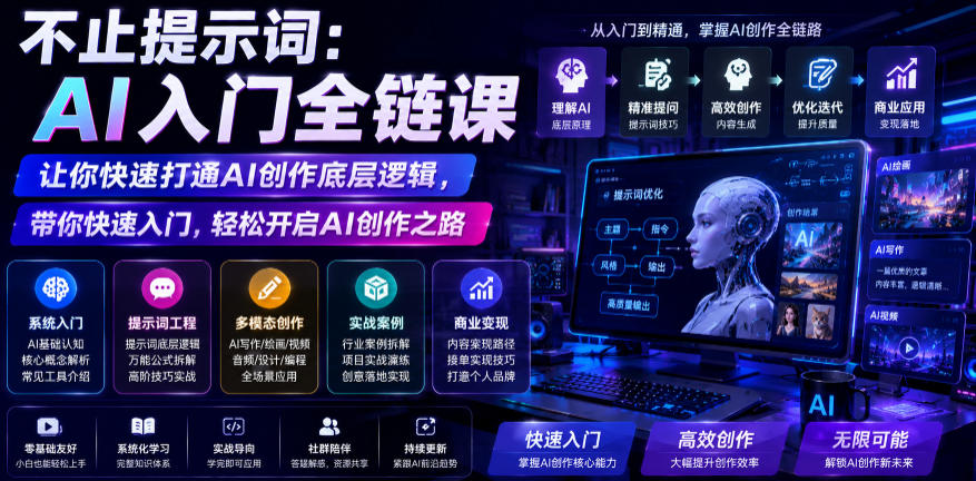 不止提示词:AI入门全链课,让你快速打通AI创作底层逻辑,带你快速入门,轻松开启AI创作之路-旺仔资源库