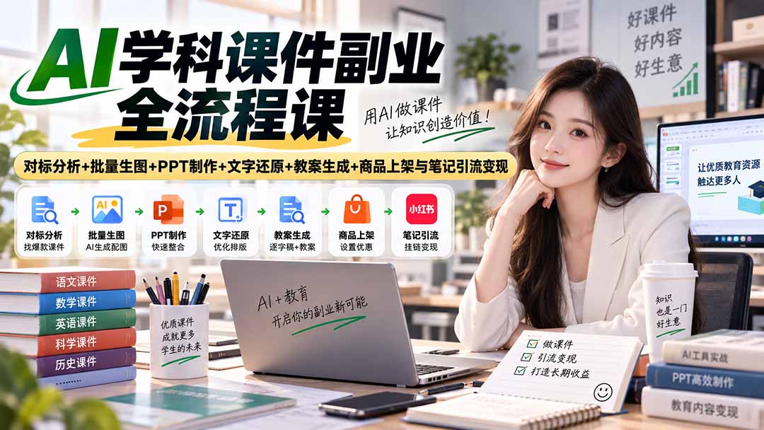 AI学科课件副业全流程课｜对标分析+批量生图+PPT制作+文字还原+教案生成+商品上架与笔记引流变现-旺仔资源库