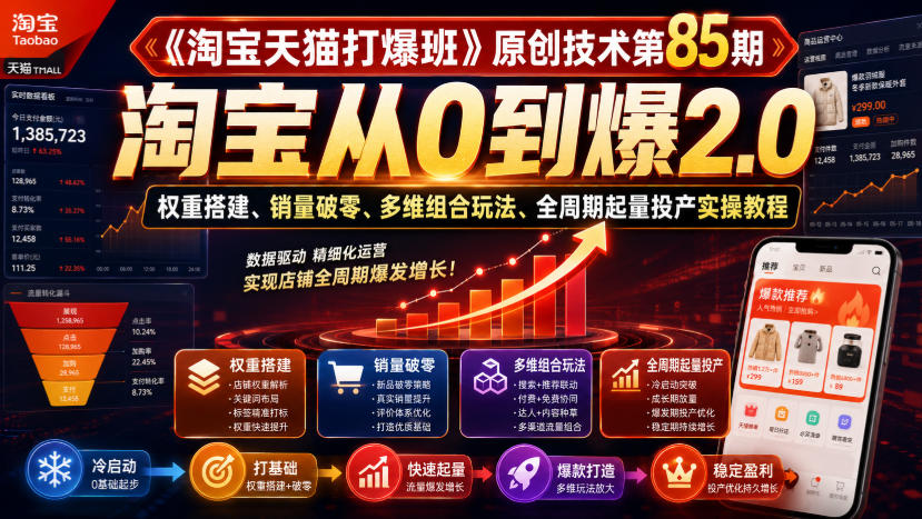 《淘宝天猫打爆班》原创技术第85期，淘宝从0到爆2.0，权重搭建、销量破零、多维组合玩法、全周期起量投产实操教程-旺仔资源库