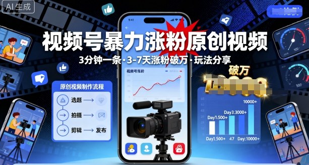视频号暴力涨粉原创视频，3分钟一条原创视频，3-7天涨粉破万，玩法分享给你-旺仔资源库
