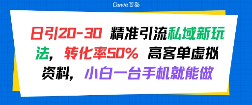 日引 20-30 精准引流私域新玩法，转化率50% 高客单虚拟资料，小白一台手机就能做-旺仔资源库