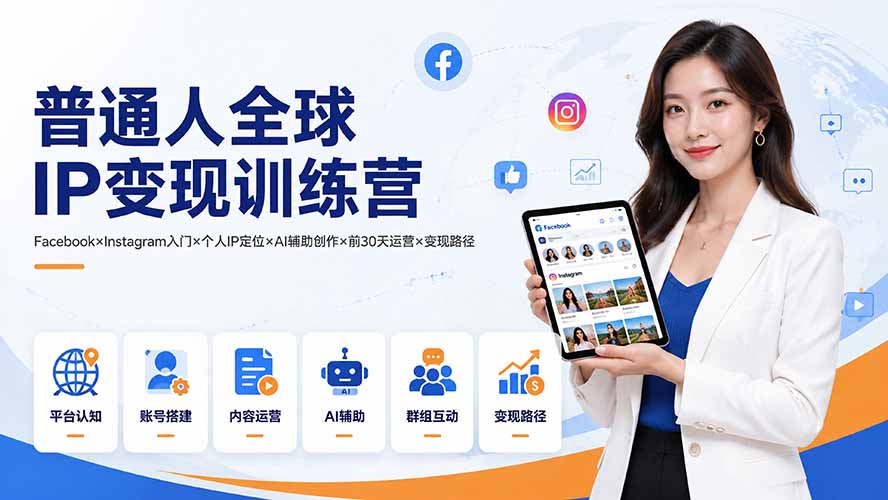 普通人全球IP变现训练营:Facebook×Instagram入门×个人IP定位×AI辅助创作×前30天运营×变现路径-旺仔资源库