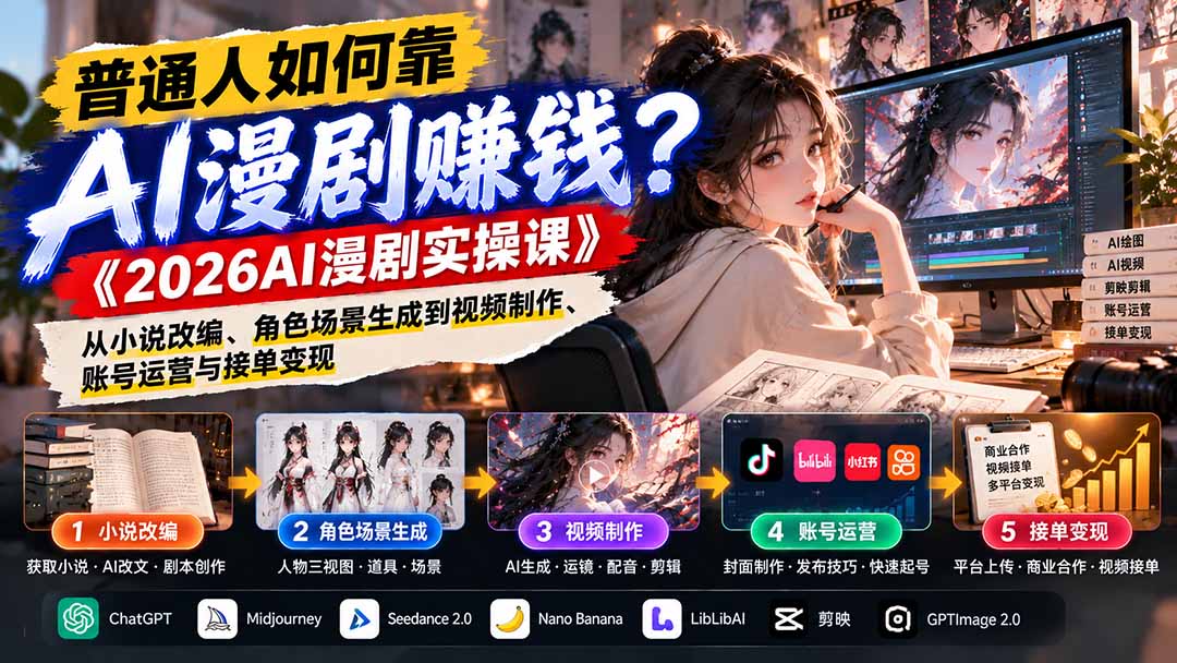 普通人如何靠AI漫剧赚钱?《2026AI漫剧实操课》从小说改编、角色场景生成到视频制作、账号运营与接单变现-旺仔资源库