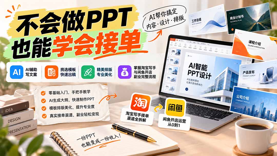 不会做PPT也能学会接单:AI辅助写文案、挑模板、做排版,掌握淘宝写手与闲鱼开店副业完整流程-旺仔资源库