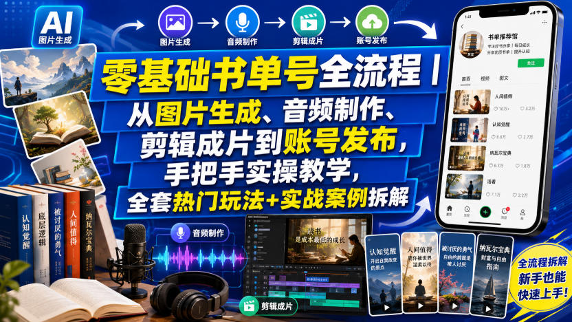 零基础书单号全流程｜从图片生成、音频制作、剪辑成片到账号发布，手把手实操教学，全套热门玩法+实战案例拆解-旺仔资源库
