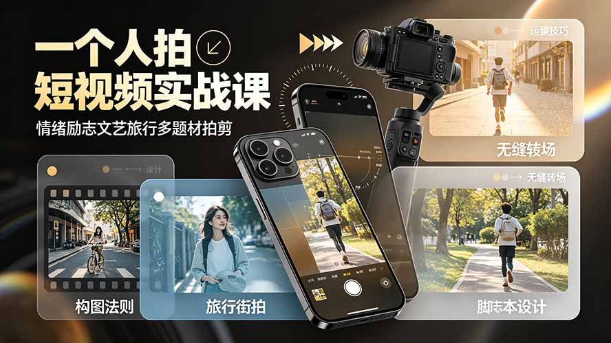 一个人拍短视频实战课:情绪励志文艺旅行多题材×五大景别×黄金构图×八大运镜,从拍摄到成片高效创作-旺仔资源库