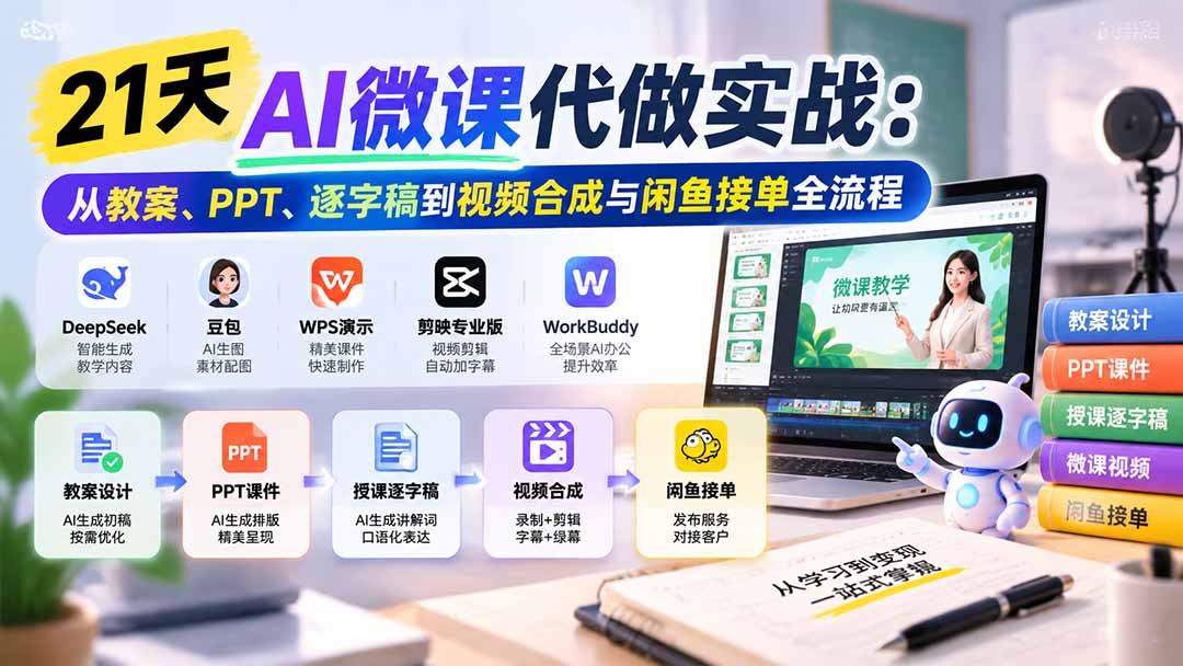 21天AI微课代做实战：从教案、PPT、逐字稿到视频合成与闲鱼接单全流程-旺仔资源库