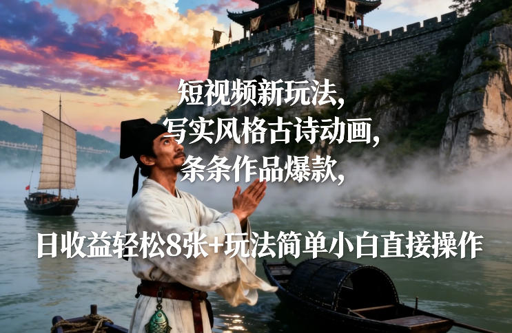 短视频新玩法，写实风格古诗动画，条条作品爆款，日收益轻松8张+玩法简单小白直接操作-旺仔资源库