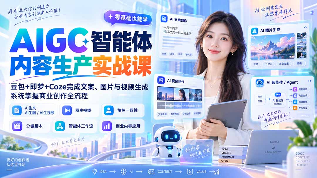 AIGC智能体内容生产实战课:豆包+即梦+Coze完成文案、图片与视频生成,系统掌握商业创作全流程-旺仔资源库