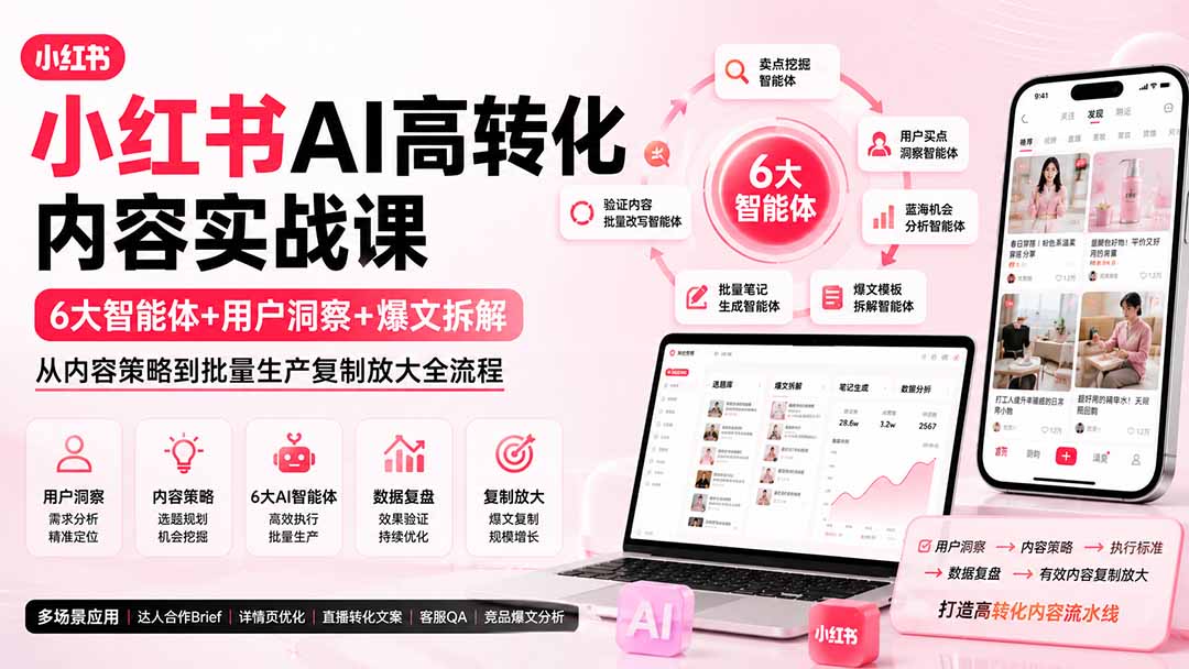 小红书AI高转化内容实战课:6大智能体+用户洞察+爆文拆解,从内容策略到批量生产复制放大全流程-旺仔资源库