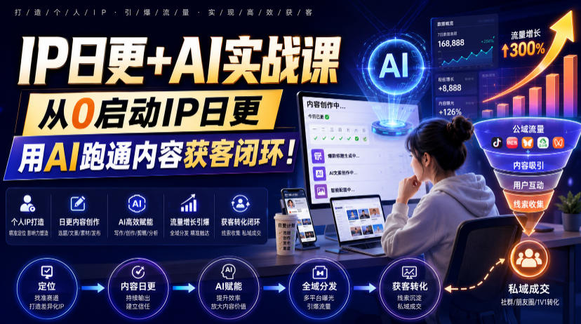 IP日更+AI实战课，从0启动IP日更，IP置顶视频制作+100条选题库搭建+10条日更规划，用AI跑通内容获客闭环!-旺仔资源库