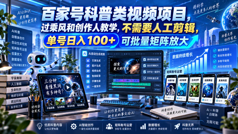 百家号科普类视频项目，过乘风和创作人教学，不需要人工剪辑，单号日入100+可批量矩阵放大-旺仔资源库