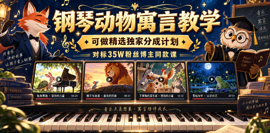 钢琴动物寓言教学，可做精选独家分成计划，对标35W粉丝博主同款课-旺仔资源库