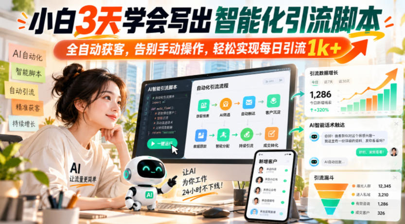 小白3天学会写出智能化引流脚本，全自动获客，告别手动操作，轻松实现每日引流1k+-旺仔资源库