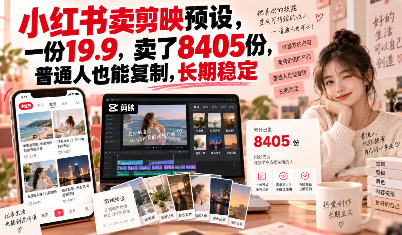 小红书卖剪映预设,一份19.9,卖了8405份,普通人也能复制,长期稳定-旺仔资源库