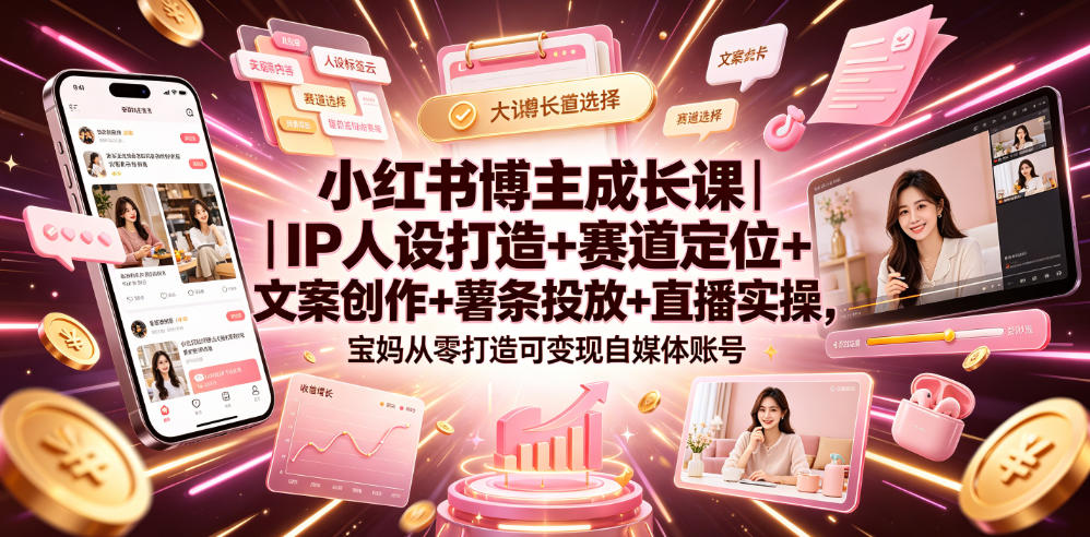 小红书博主成长课｜IP人设打造+赛道定位+文案创作+薯条投放+直播实操，宝妈从零打造可变现自媒体账号-旺仔资源库