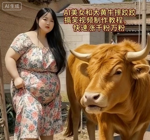 AI美女和大黄牛摔跤搞笑荒诞视频制作教程，快速涨千粉万粉-旺仔资源库