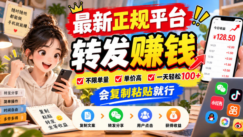 最新正规平台,转发賺钱,不限单量,单价高,一天轻松100+,会复制粘贴就行【揭秘】-旺仔资源库