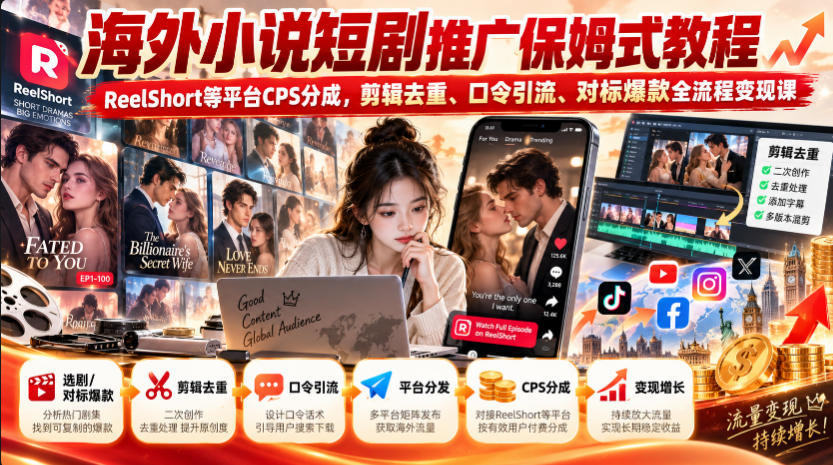海外小说短剧推广保姆式教程｜ReelShort等平台CPS分成，剪辑去重、口令引流、对标爆款全流程变现课-旺仔资源库