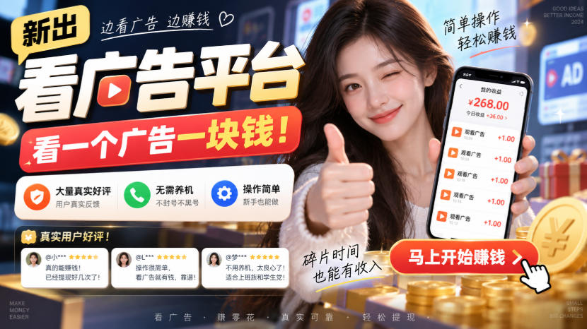 新出看广告平台，看一个广告一块钱，大量真实好评！无需养机、不会黑号，操作简单【揭秘】-旺仔资源库