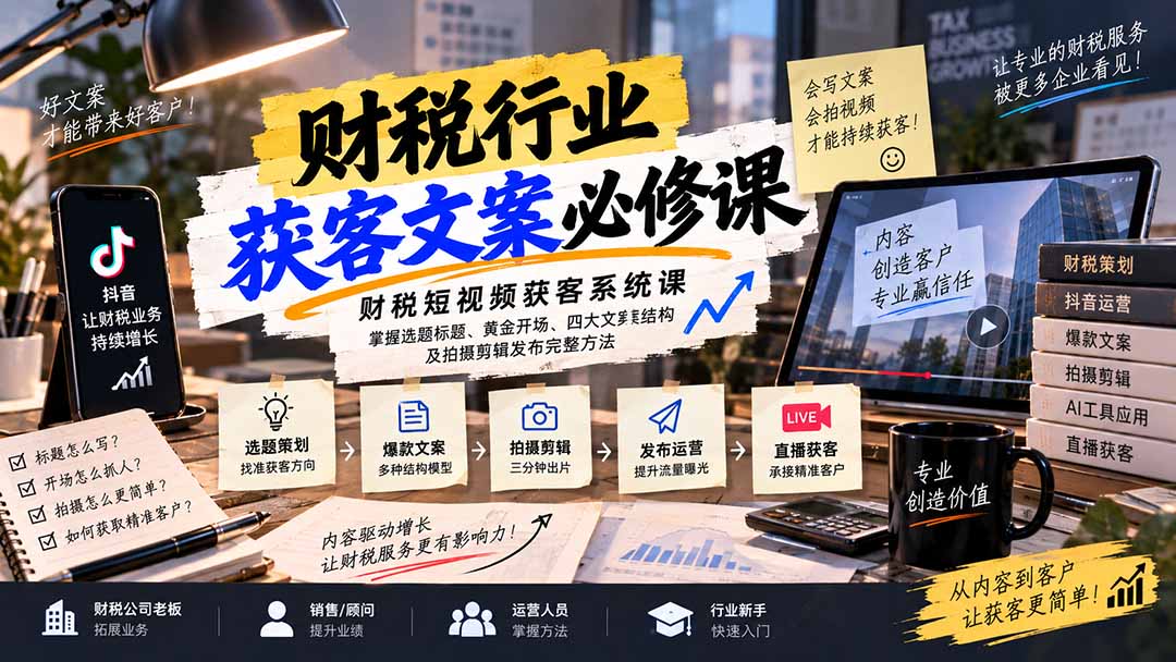 财税短视频获客系统课：掌握选题标题、黄金开场、四大文案结构及拍摄剪辑发布完整方法-旺仔资源库