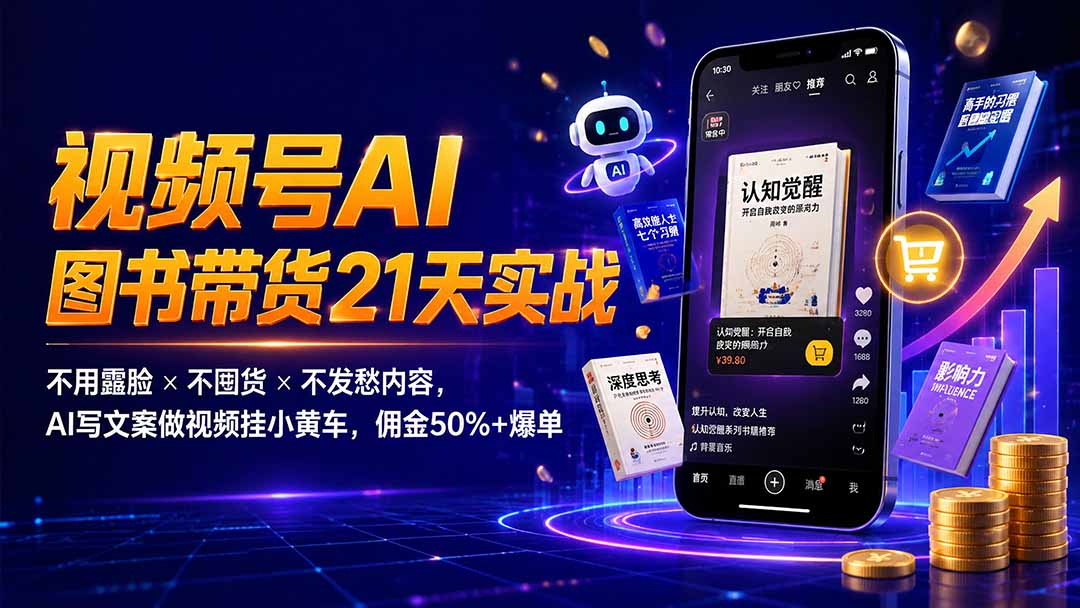 繁花视频号AI图书带货21天实战:不用露脸×不囤货×不发愁内容,AI写文案做视频挂小黄车,佣金50%+爆单-旺仔资源库