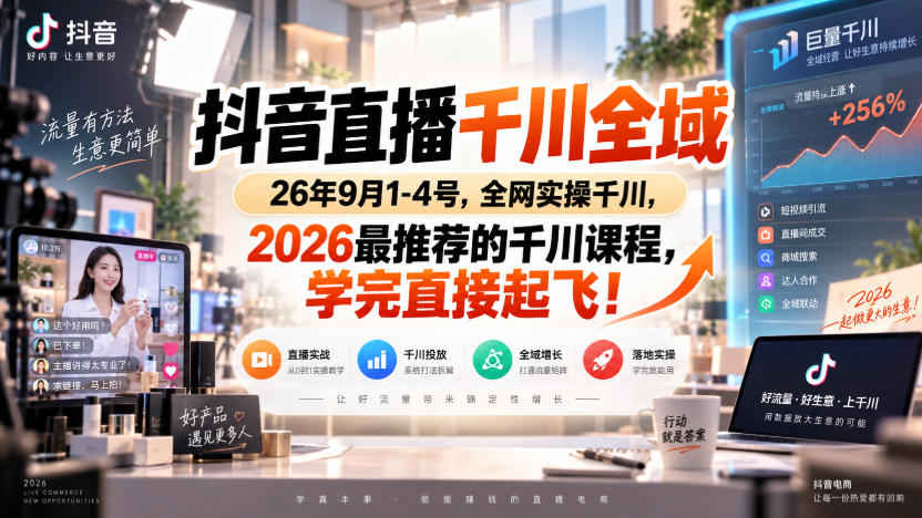 抖音直播千川全域26年9月1-4号,全网实操千川,2026最推荐的千川课程,学完直接起飞!-旺仔资源库