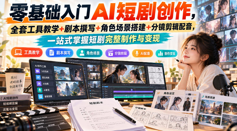 零基础入门AI短剧创作,全套工具教学+剧本撰写+角色场景搭建+分镜剪辑配音,一站式掌握短剧完整制作与变现-旺仔资源库