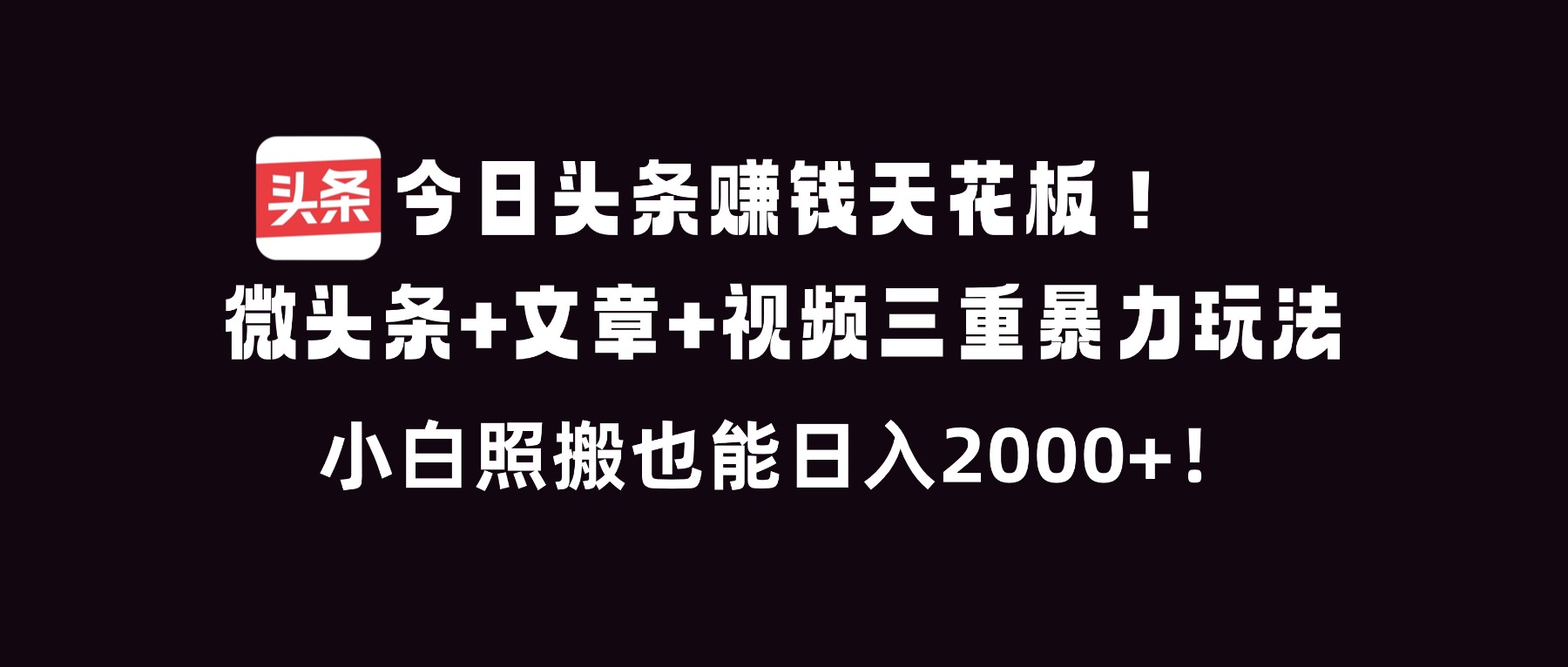 今日头条赚钱天花板！微头条+文章+视频三重暴利玩法，小白照搬也能日人2000+-旺仔资源库