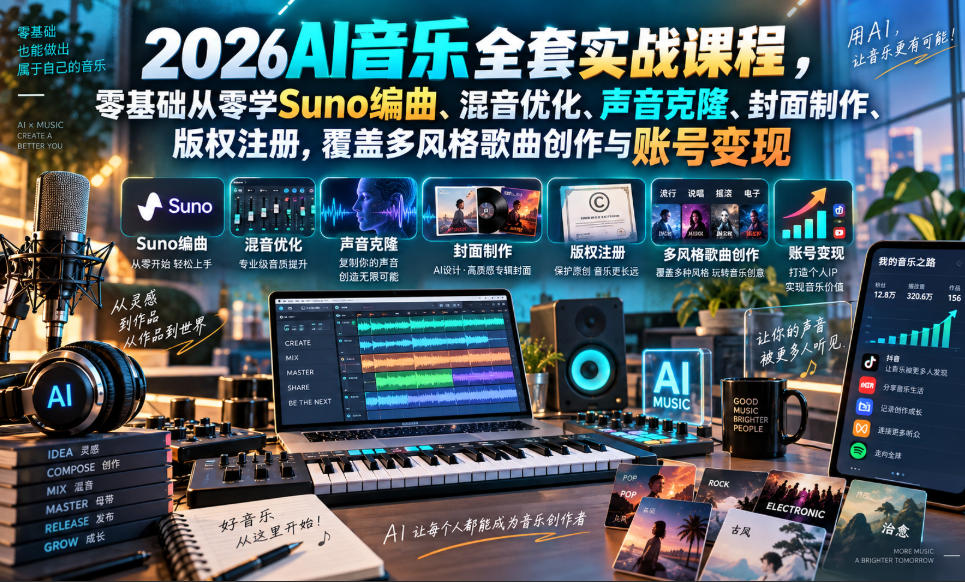 2026AI音乐实战课程，零基础从零学Suno编曲、混音优化、声音克隆、版权注册，覆盖多风格歌曲创作与账号变现-旺仔资源库