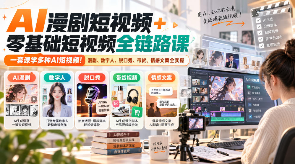 AI漫剧短视频+零基础短视频全链路课，一套课学多种AI短视频！漫剧、数字人、脱口秀、带货、情感文案全实操-旺仔资源库