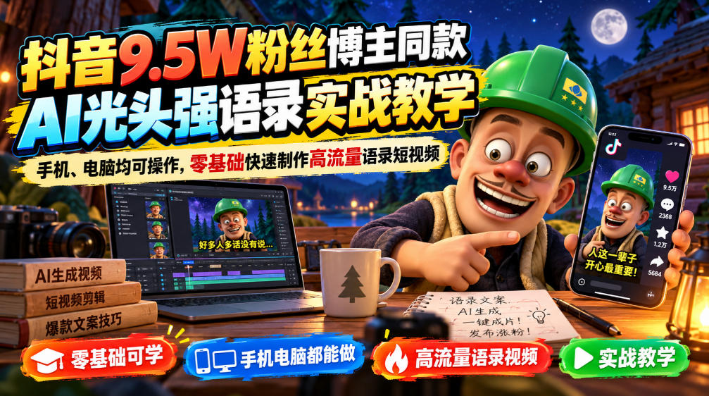 抖音9.5W粉丝博主同款AI光头强语录实战教学，手机、电脑均可操作，零基础快速制作高流量语录短视频-旺仔资源库