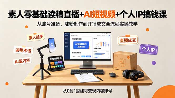 素人零基础读稿直播+AI短视频+个人IP搞钱课，从账号准备、涨粉制作到开播成交全流程实操教学-旺仔资源库